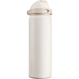 POWCAN 32 oz Insulated Water Bottle, 2-in-1 Push-Button Spout & Quick-Flip Straw Lid, Leakproof, Keep Cold 24Hrs, BPA-Free, Stainless Steel Water Bottle for Sports, School, Travel, Gym (Oat Mousse)
