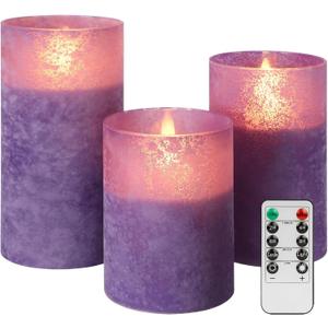 ANGELLOONG Purple LED Candles for Home Decor, Glass Flameless Candles with Remote, Set of 3 Battery Operated Pillar Candle for Fall Halloween Decoration