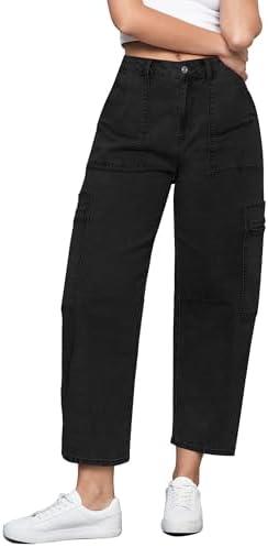GRAPENT Barrel Jeans for Women Trendy High Waisted Cropped Cargo Pocket Baggy Stretch Denim Pants Wide Leg Tapered Jeans 2XL