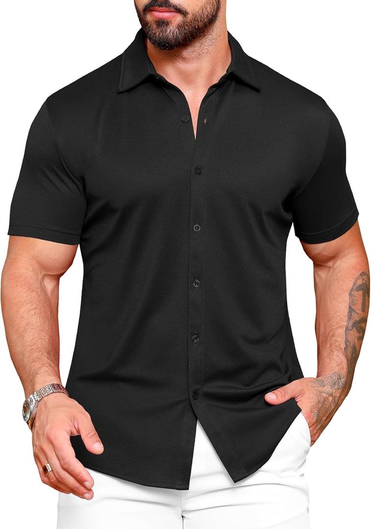 URRU Men's Muscle Dress Shirts Slim Fit Stretch Wrinkle Free Short Sleeve Casual Button Down Shirts (Large, Black)