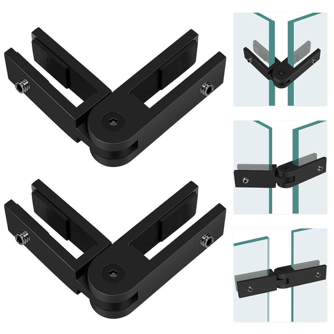 Adjustable Glass to Glass Clamp, 2Pack 90-180-270 Degree Matte Black Railing Clamps, Stainless Steel T304 Railing Clips Brackets for Fence, Balustrade, Balcony Deck, Indoor & Outdoor