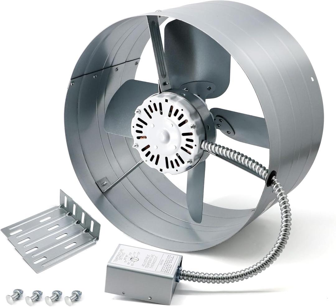 Gable Mount Power Attic Fan with Adjustable Thermostat, 15 Inch Attic Exhaust Fan, 1300 CFM, 1075 RPM, 3.4 Amp