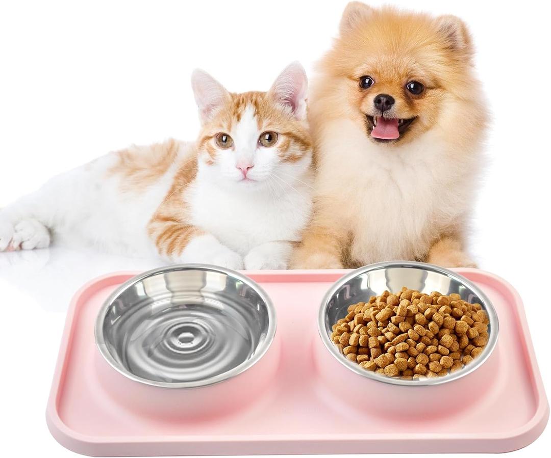 Double Dog Food Bowls with Mat,Stainless Steel Dog Bowls with No Spill Non Skid Silicone Mat Removable Cats Water and Food Bowl Set for Puppy Cats Kitten Small Medium Dogs(Pink)