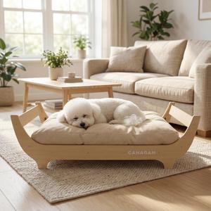 CANAGAN Elevated Wood Dog Bed Frame with Cushion, WoodPattern, Medium
