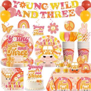 362pcs Young Wild and Three Party Decorations Tableware Set, 25pcs Wild and Three Party Decorations Plate Napkins Tablecloth for 3 Year Old Birthday Decorations Girl, 50 Guests
