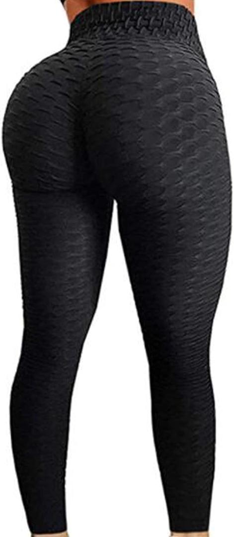 FITTOO Womens High Waist Textured Workout Leggings Booty Scrunch Yoga Pants Slimming Ruched Tights (Large, #1 Black)