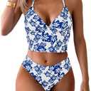 Floerns Women's Floral Print Halter Neck Tankini Top Two Piece Bathing Swimsuit, XL