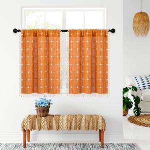 MitoVilla Boho Kitchen Curtains 24 Inch Length Sets, 2 Panels Farmhouse Cafe Curtains with Tassel, Short Tier Small Cotton Linen Curtain for RV Bathroom Sink Cabinet Half Door Bay Windows, Orange