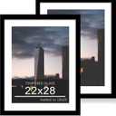 22x28 Picture Frame Set of 2, 22 x 28 Wood Poster Frames with Mat for 18x24, Wooden Photo Frames with Tempered Glass Cover for Wall Display,Black, 22x28-2Pack