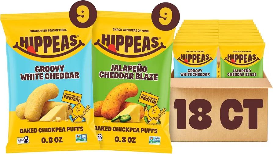 Hippeas Chickpea Puffs, Cheese Variety Pack, Groovy White Cheddar, Jalapeño Cheddar Blaze, 18 x 0.8 oz, Baked Crunchy Chickpea Snacks, 3g Plant Protein, 2g Fiber & 50% Less Fat, Dairy & Gluten Free Exp. 11/19/26