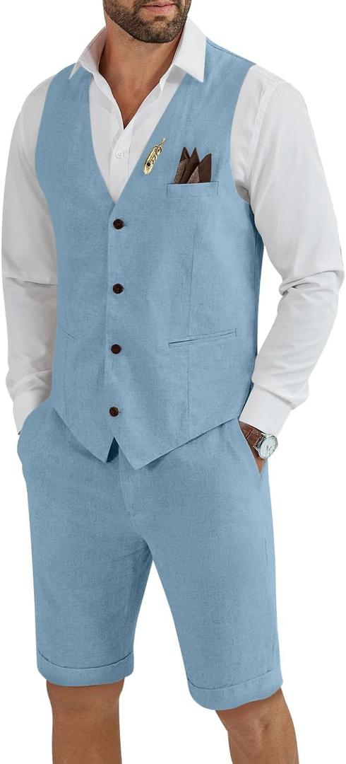 Men's Linen 2 Piece Suit Slim Fit Wedding Groom Groomsmen Summer Vest Shorts Set (Medium, Light Blue)