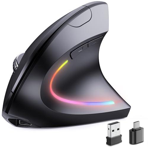 JYKEYMOUT Bluetooth+USB A+USB C(3 in 1)Rechargeable Ergonomic Mouse, Wireless Vertical Design, 5 Adjustable Levels Up to 4800 DPI, 2.4G Carpal Tunnel Silent Mice for PC,Laptop,MacBook,Chromebook-Black