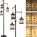 Dimmable Floor Lamps for Living Room, 3-Light Industrial Floor Lamp with Wood & Metal Cage, Farmhouse Standing Lamp Tall Tree Lamp for Bedroom Office, Rustic Black Tall Floor Lamp for Corner