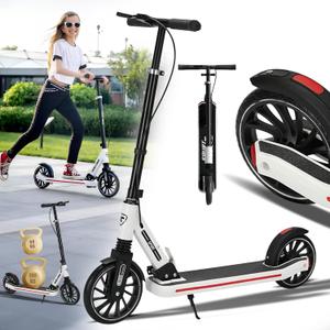 Commuter Adult Scooter 330 lbs Capacity, 8IN Solid Tires Big Wheels Scooters, 3 Handle Height Adjustable Levels, with Double Braking System, Foldable Scooter,Kick Scooter for Ages 6+