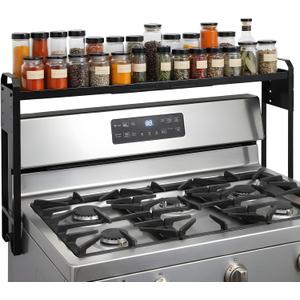 Spice Rack Shelf for Kitchen Stove, Adjustable 27 to 33 Inch Spice Rack Organizer, 4 Level Adjustable Height Stove Over Shelf for Kitchen, Fits Various Stove Lengths, Kitchen Spice Organizer (Black)