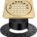 4 Inch Drain Grate Kit,Compatible with Schluter Kerdi Drain Flange, CUPC Certification,Square Shower Floor Drain SS304 Stainless Steel and ABS Material,Height Adjustment Collar and Ring-Brushed Gold