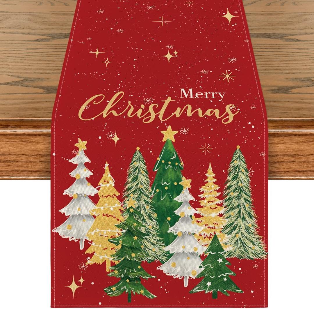 Artoid Mode Xmas Trees Merry Christmas Table Runner, Seasonal Winter Red Kitchen Dining Table Decoration for Home Party Decor 13x60 Inch