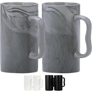 20 oz Large Marble Coffee Mugs,Tall Tea Cups with Big M Handle Marble Ceramic 600ml Oversized Bulk Porcelain XL Beer Latte Cappuccino Cup Set of 2 for Men and Women Gifts,Grey