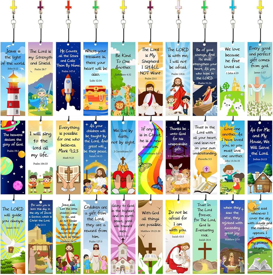 30 Pieces Christian Bookmarks for Kids Bible Verse Bookmarks with Cross Pendants Scripture Inspirational Quotes School Gifts Church Supplies for Kids Teens Adult Teachers