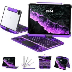 Transparent Case with Keyboard for iPad Air 13 Inch (M3/M2, 2025/2024), iPad Pro 12.9 Inch (6/5/4/3 Gen),7-Color Backlit,Magic wireless Keyboard, 360Rotating,with trackpad,Pencil Holder,Purple