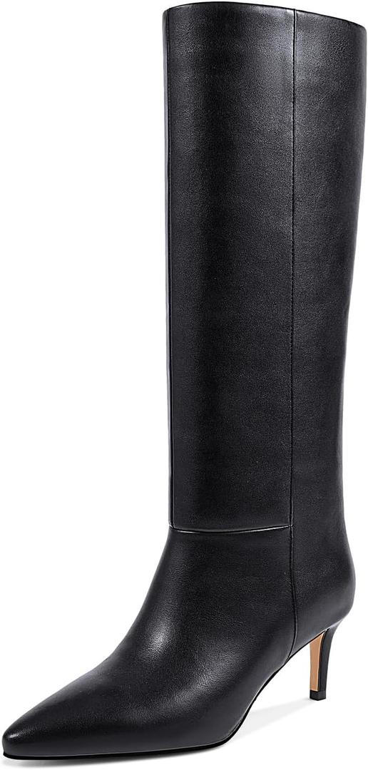 wetkiss Knee High Boots for Women - Pointed Toe Kitten Heel & Crocodile, Side Full Zipper for Easy Wear, All-Day Comfort Boots for Work, Party and Daily Chic Style (8.5, A-matte Black)