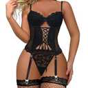 Lilosy Petite Sexy Lace Garter Underwire Push Up Floral Sheer Babydoll Lingerie Women Bodysuit Chemise Set Nightgown Nightshirt See Through Bra and Panty 3 Piece (Black,XS)