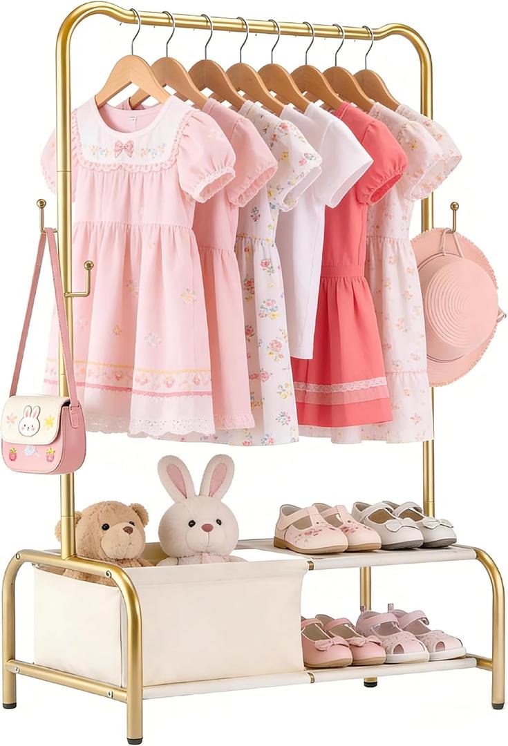 Kids Clothing Rack-Portable Kids Clothing Rack with Storage Shelf - Toddler Garment Organizer for Baby Clothes, Dance Costumes, Girls Gift Ideas(YJ-gold, 31.1"D x 15.3"W x 45.2"H)