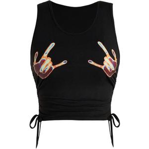 SHENHE Women's Summer Ruched Sleeveless Hands Print Crewneck Drawstring Tank Crop Tops (Black, XS)