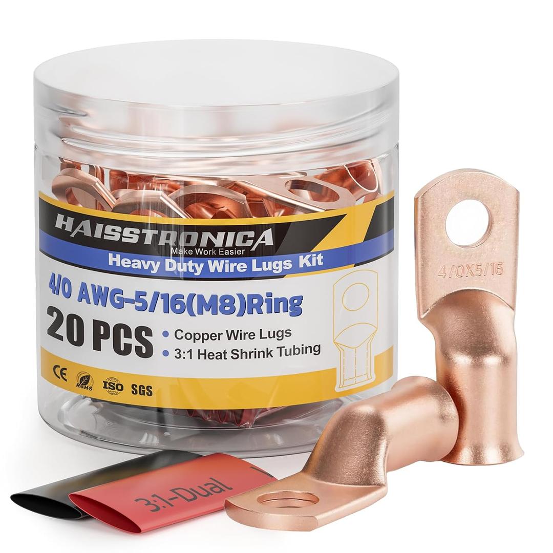 haisstronica 10pcs 4/0 AWG - 5/16"(M8) Battery Cable Lugs, Heavy Duty Wire Lugs with 10pcs 3:1 Adhesive Heat Shrink Tubing, 0000 Gauge Wire Lugs, Battery Terminal Connector, Battery Cable Ends