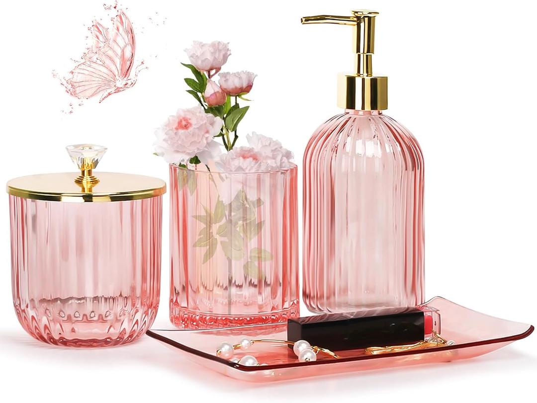 Jenseits Pink Bathroom Accessories Set, 4 Pcs Glass Bathroom Accessory Sets, Soap Dispenser, Toothbrush Holder, Qtip Holder, Vanity Tray, Housewarming Dorm Apartment Decor Home Essentials Gift For Her