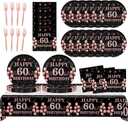 60th Birthday Decorations for Woman,61Pcs Rose Gold 60th Birthday Decorations Tableware Include Happy 60th Birthday Plates and Napkins,Tablecloth,Forks,60th Birthday Party Supplies,Serve 20