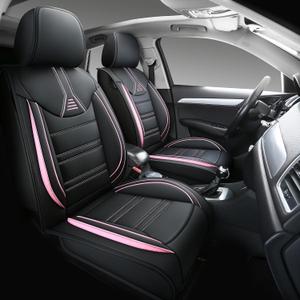 Yeleno02 Leather Car Seat Covers 5 Seats Front & Rear Seat Protector Full Set Universal Fit, Airbag Compatible (Black&Pink)