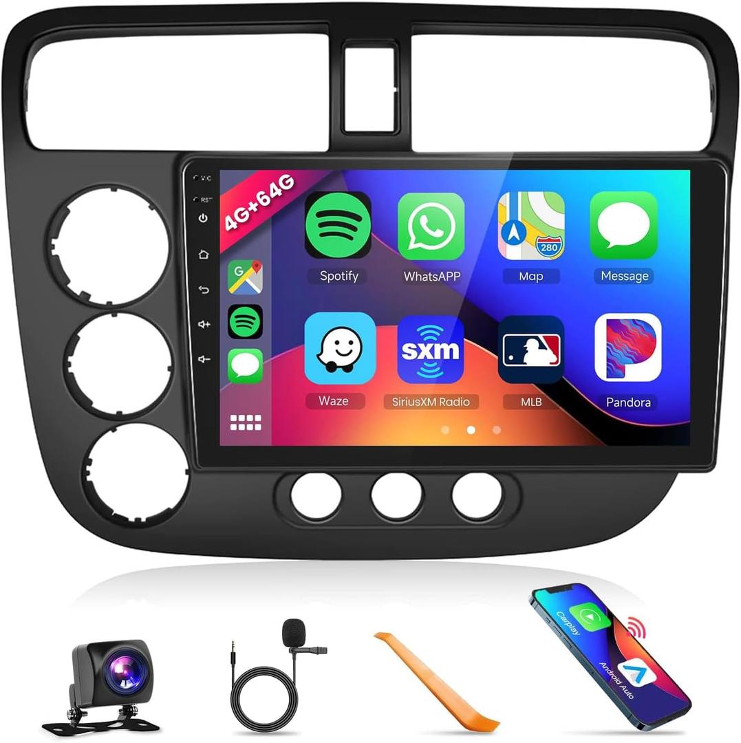 4GB 64GB Radio for Honda Civic 2001-2005 Car Stereo with Wireless CarPlay 5.0Bluetooth DSP 32EQ 5GhzWiFi 9Inch 1280x720P IPS Touchscreen GPS FM/RDS Android Auto MirrorLink AHD Backup Camera