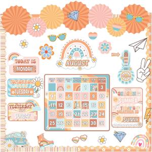 Janlaugh Groovy Classroom Calendar Bulletin Board Set with 3D Paper Fans Boho Retro Calendar Seasons Weather Chart Classroom Decoration for Back to School Blackboard Home Wall Decoration