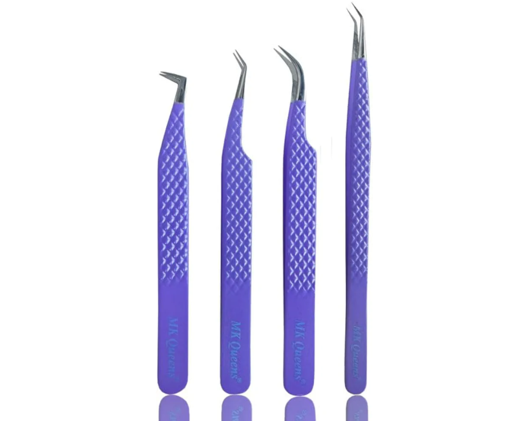 M LASH Tweezers for Eyelash Extensions (Set of 4)  Professional Lash Extension Tweezers  Fiber Tip, Japanese Steel, Diamond Grip Eyelash Extension Tweezer (Blue)
