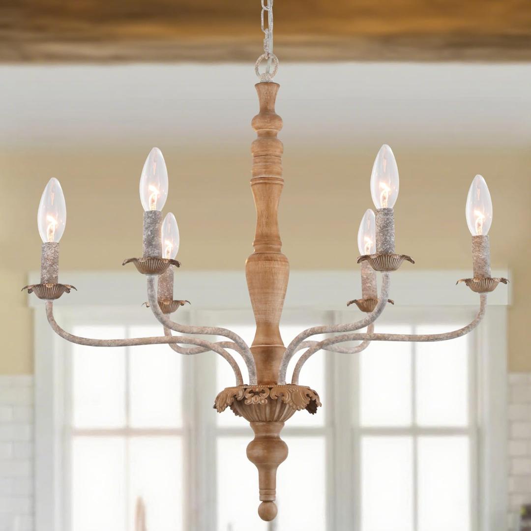 Rustic French Country Chandelier, 6-Light Farmhouse Metal Distressed Wood Candle Chandeliers Light Fixture, Adjustable Hanging for Dining Room, Kitchen, Foyer, Living Room, Bedroom, E12