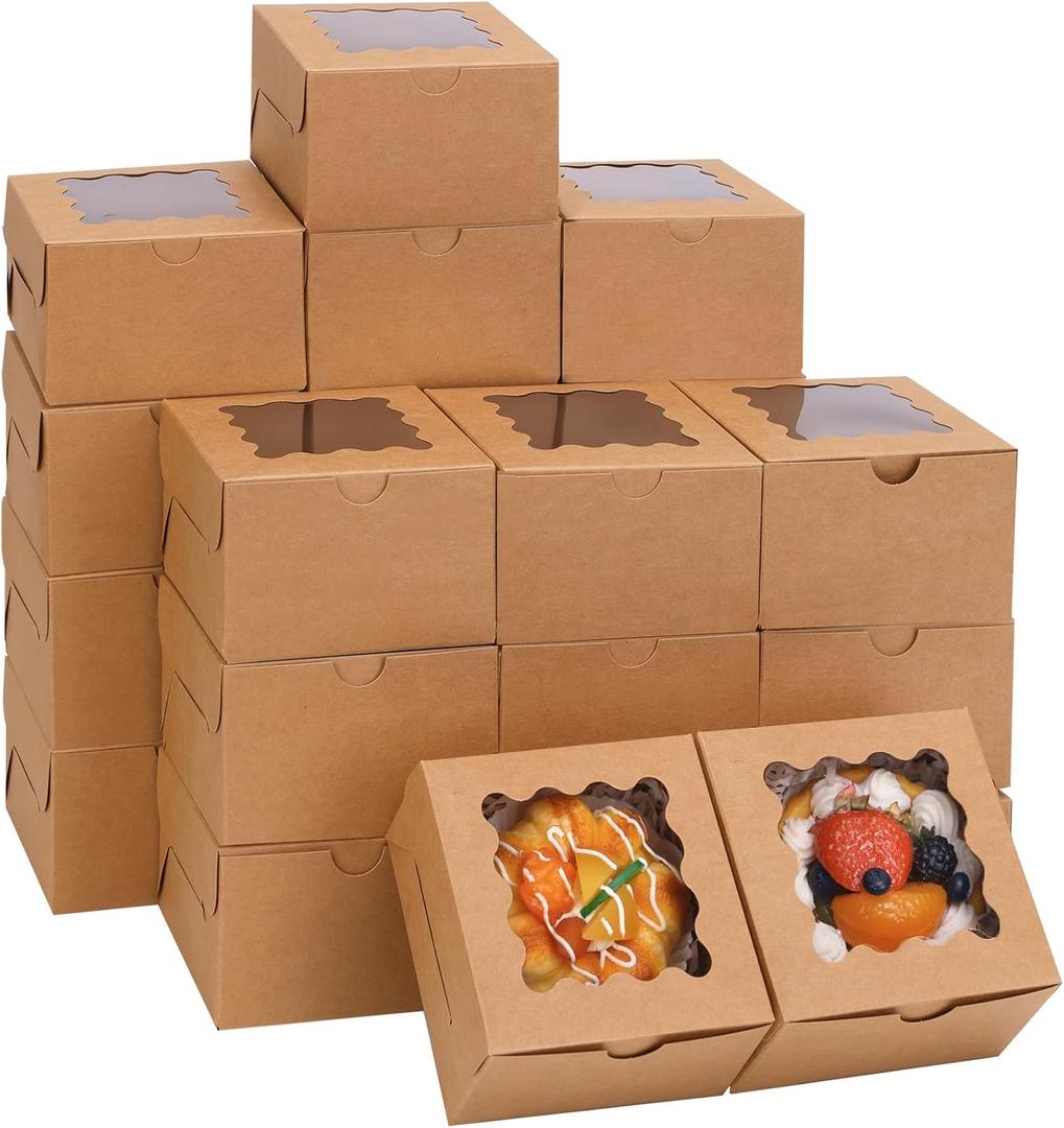 Moretoes 120pcs Cookie Boxes with Window, 4x4x2.5 Inches Brown Bakery Boxes Pastry Container Bulk for Small Cookies, Treats and Desserts