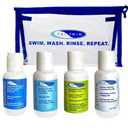 TRISWIM Shot Set in Travel Bag | 2oz Travel Size Chlorine Removal Shampoo, Swimmers Conditioner, Swim Body Wash and Lotion | Removes Chlorine, Bromine, Hard Water Minerals & Saltwater and odors (2 Ounce (Pack of 4))