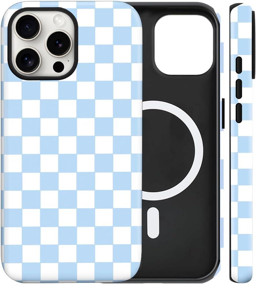 Magnetic for iPhone 13/14 Case Cute Checkered Phone Case, Shockproof Slim TPU and Hard PC Protective Phone Cover Compatible with MagSafe Designed for Women Girls Gift, Blue