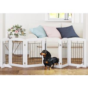 PAWLAND 6 Panels Dog Gate Indoor with Walk Through Door, Foldable FreeStanding Pet Gate for Doorways, Stairs, the Houes, Pet Puppy Safety Fence, 120 in Extra Wide, Support Feet Included, White