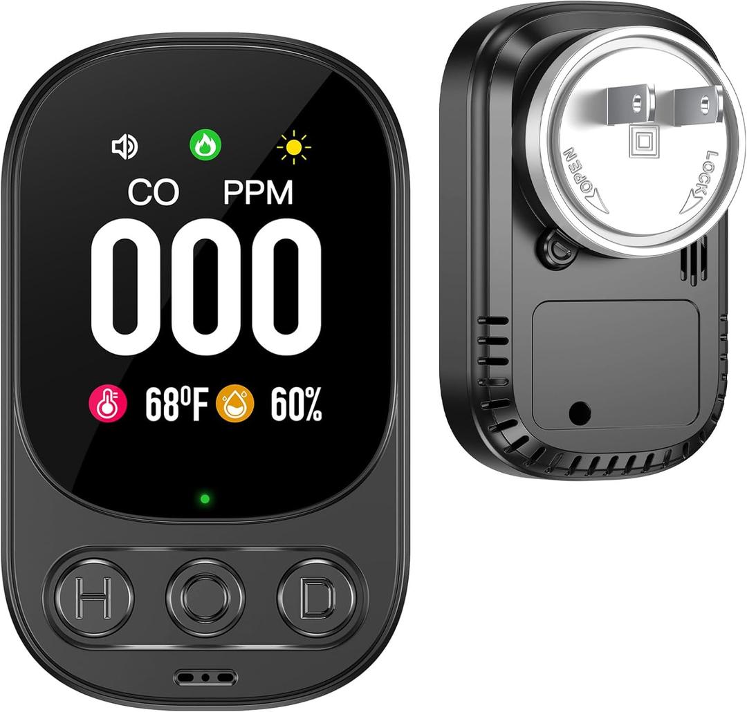 Carbon Monoxide Detectors Plug in, 3-in-1 CO Detector with Temp/Hum Sensor, Portable Travel Carbon Monoxide Alarm with 85dB Alarm, Real-Time CO Monitor Easy to Read & Install (Black-1 Pack)