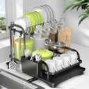 Large Dish Drying Rack for Kitchen Counter, 2 Tiers Dish Drainer Organizer with Utensil Holder/Hooks and Drainboard, Stainless Steel Kitchen Organizers and Storage for Dishes, Bowls, Cutlery (Blk02)