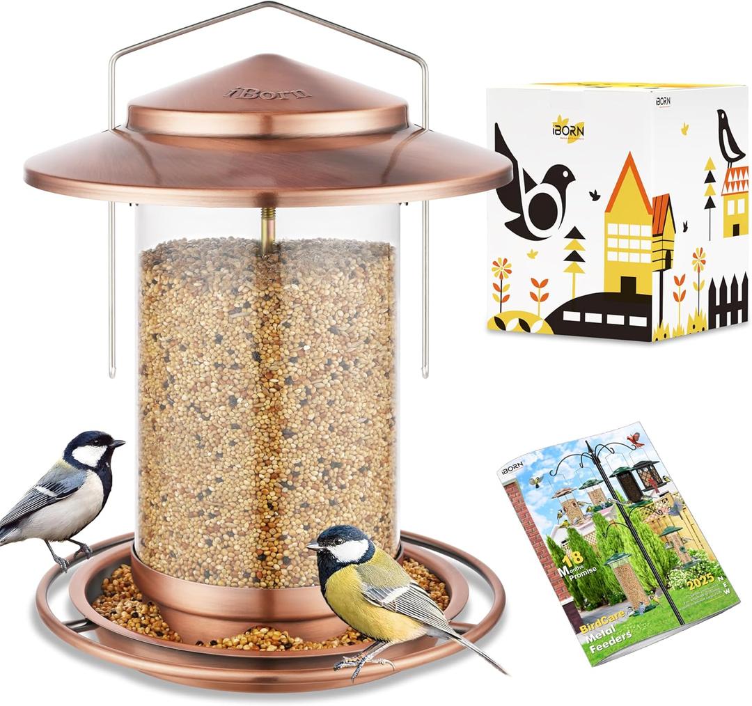 iBorn Bird Feeders for Outdoors Hanging,Metal Bird Feeders for Cardinal Chew Proof 18cm Large Roof&Tray Birdfeeders Outside Hanging,Brushed Copper 6 Port (Seed is not Included) (6Port,2.2lb,plastic tube)