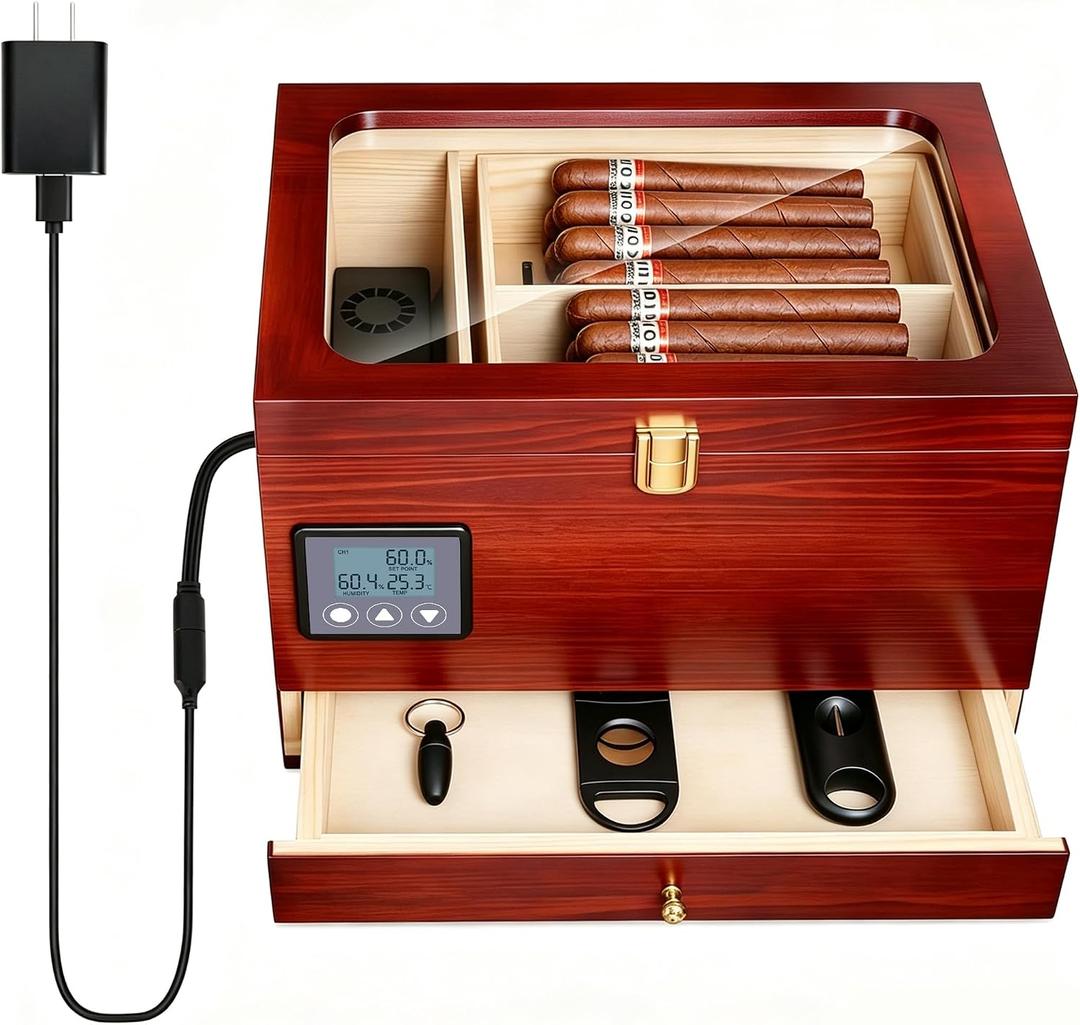 Electric Cigar Humidor Cabinet with Precision Humidity Control & Digital Display | 65-Capacity Double Cedar Shelves, Clear Front & Accessory Drawer, Father's Day Gift for Men Brown