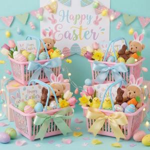 Geelin 12 Pcs Easter Basket for Gift Easter Pink Plastic Basket with Handles and Ribbon Small Gift Wrapping Baskets Cute Stackable for Egg Hunt Game, Party, Holy Week Gifts, Spring Birthday