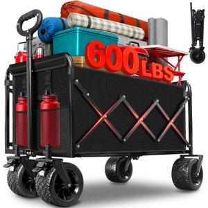 Collapsible Wagon Cart Foldable, 600LBS Beach Wagon Heavy Duty | Big All-Terrain Wheels & Brakes, Folding Utility Carts for Beach, Garden, Camping, Sports, Groceries, Shopping