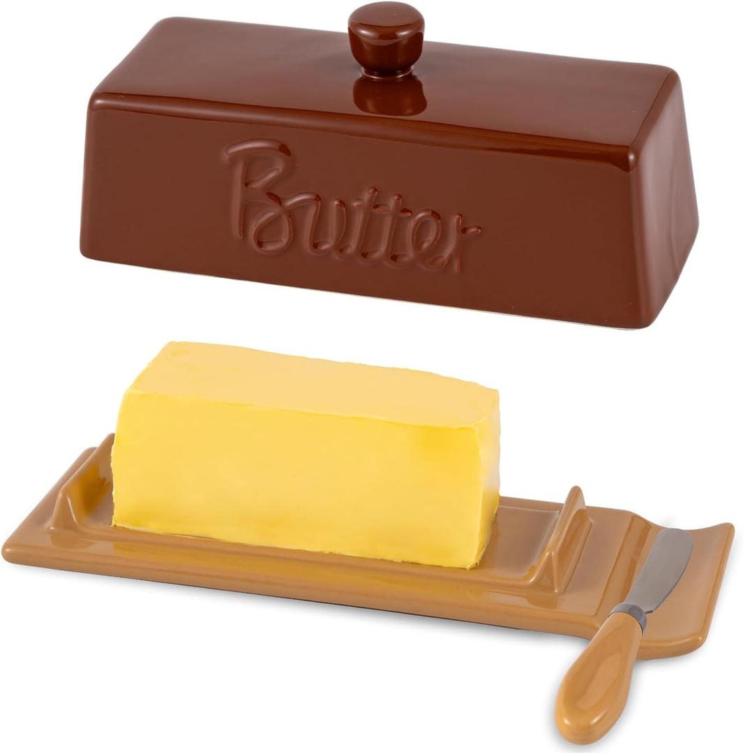 TEATALK Ceramic Butter Dish with Lid and Knife - Large Butter Holder, Farmhouse Style, 8-Inch Porcelain Butter Keeper with Scraper Edge,Brown (Regular)