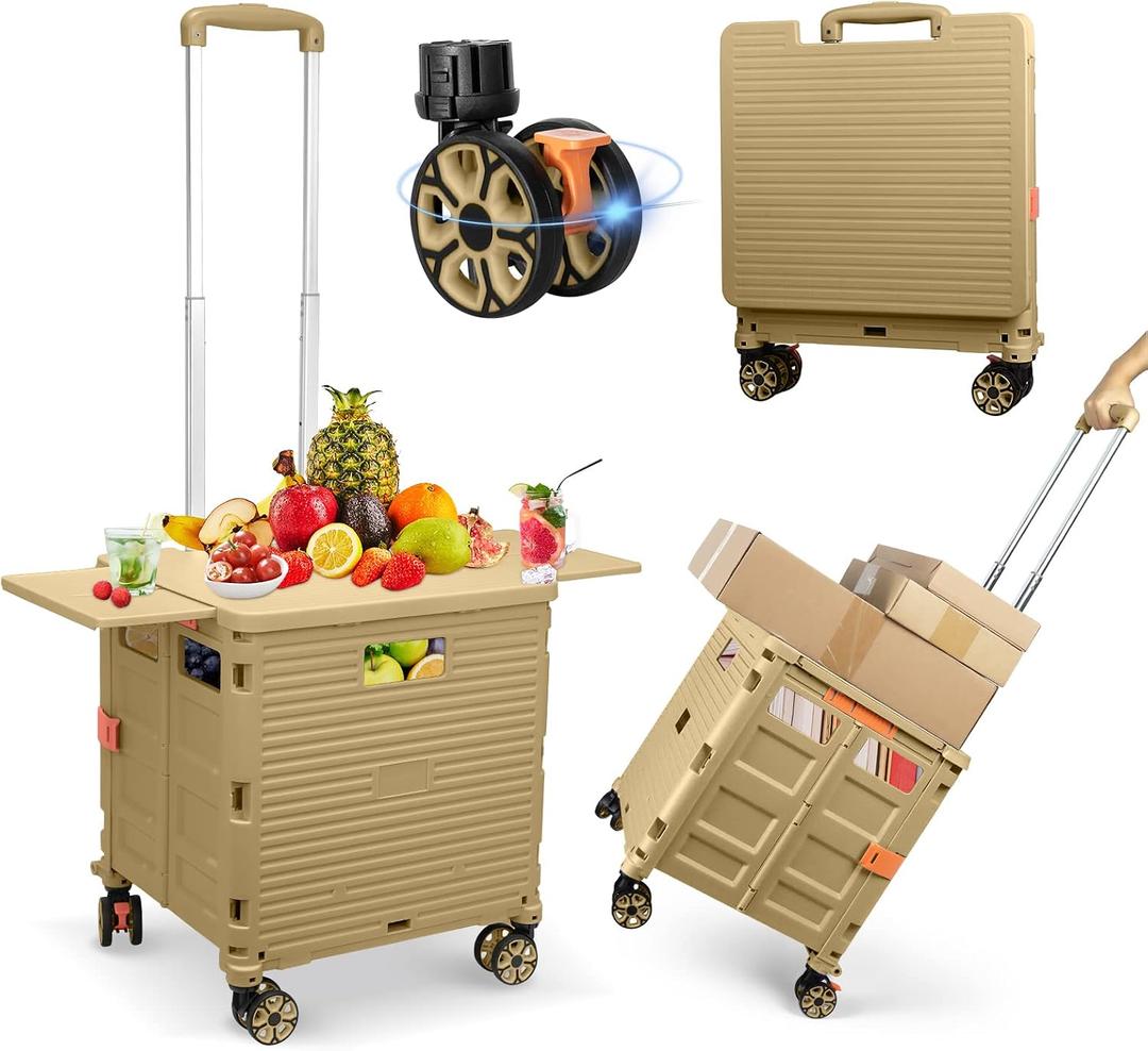 FELICON SELORSS Folding Utility Cart Portable Rolling Crate Handcart with Magnetic Sliding Lid Telescoping Handle Plastic Box Dolly 360Swivel Wheels for Travel Shop Move Office Teacher Khaki, BY10-Magnetic Extended Lid 