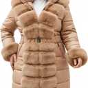 RISISSIDA Plus Size Oversized Women Winter Puffer Coat,Fur Lined Jacket,Fur Trim Hooded,Warm Quilted Leather Bubble Overcoat (XX-Large Plus, Apricot)