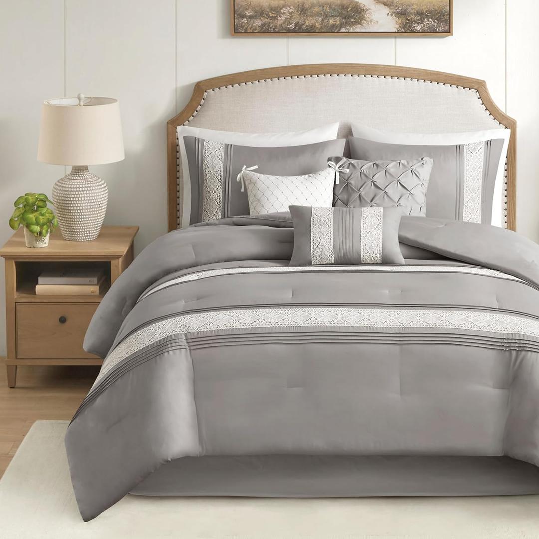 Madison Park Queen Comforter Set, Farmhouse Queen Comforter, Lace & Pintuck Design, Down Alternative, All Season Bedding Set, Bed Skirt, Shams & Decor Pillows, Lacey, Queen, Grey 7 Piece